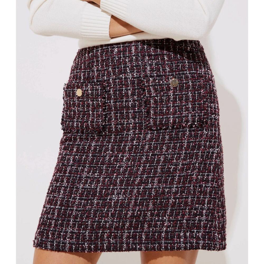 LOFT Tweed Mini Skirt Womens 8P Petite Plum Metallic Boucle Gold Button NWT